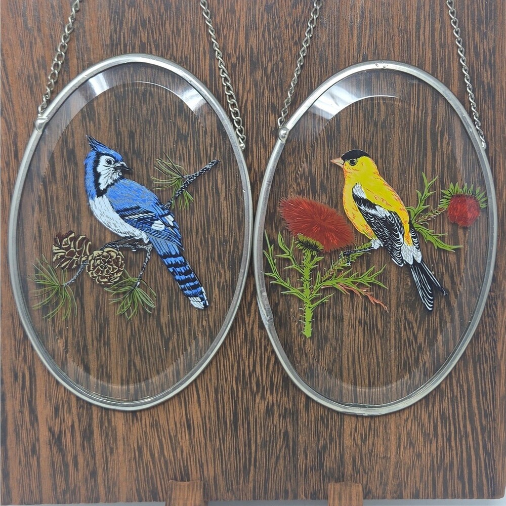 2x Glass Sun Catcher Birds Goldfinch Bluebird Window Hanging Oval On Chain 6"